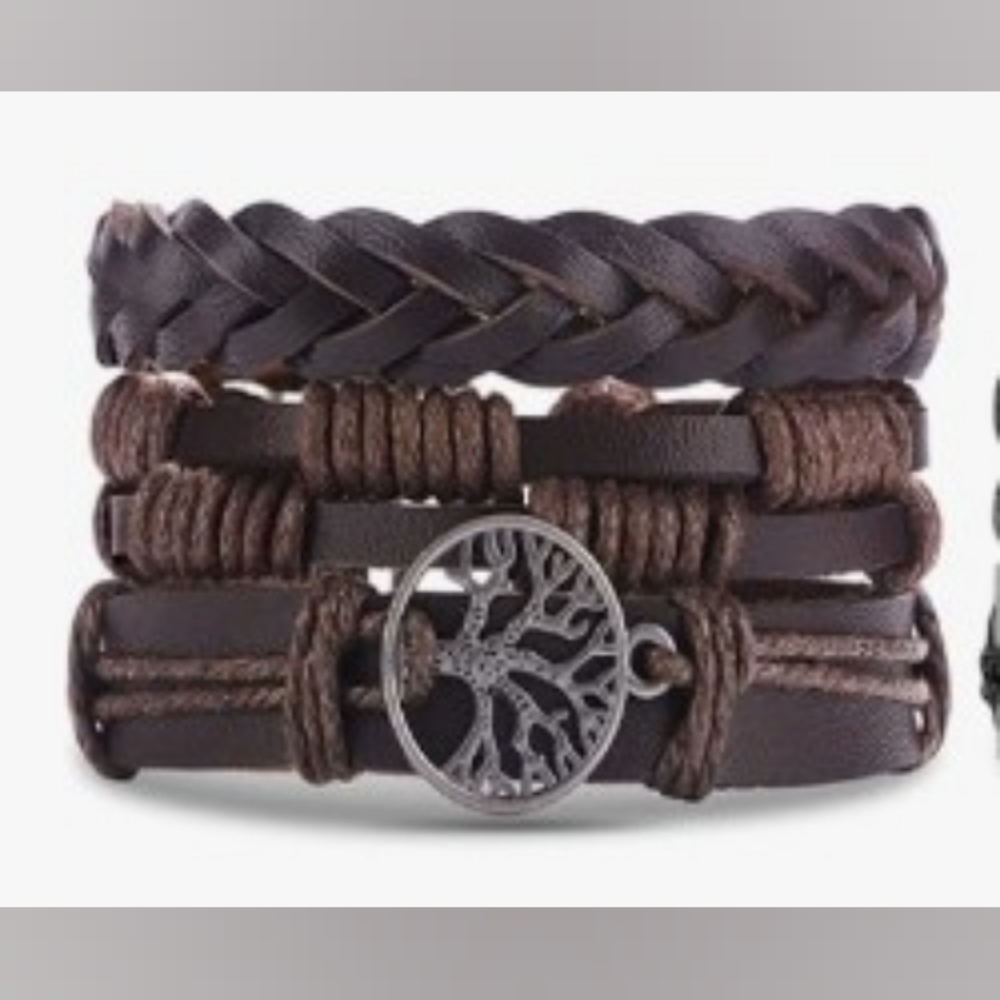 Men's Leather Bracelets Set Braided Layered Brown New f64